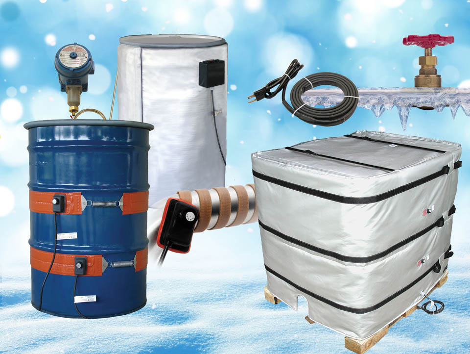 Partial and full coverage drum heaters, tote heaters and heat tapes with ajustable thermostat for viscosity controll